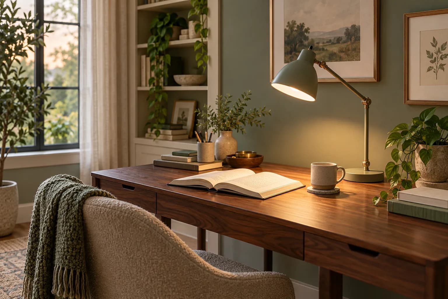 A reading chair and side table lit by a focused floor lamp beside a window.